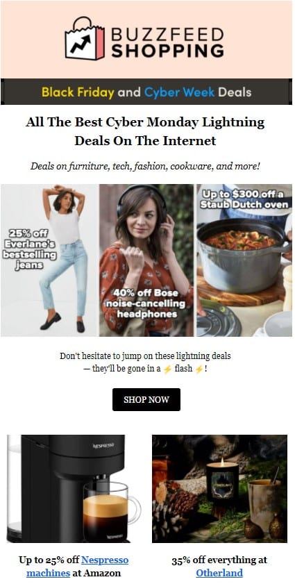 email validation example from Buzzfeed shopping offering a Black Friday and Cyber Week Deals Ad.