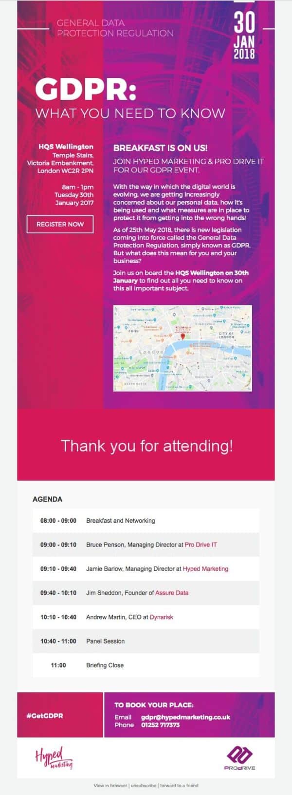 Example of email announcing a GDPR conference, with a detailed agenda for the event. Map and text displayed on a pink and purple background.