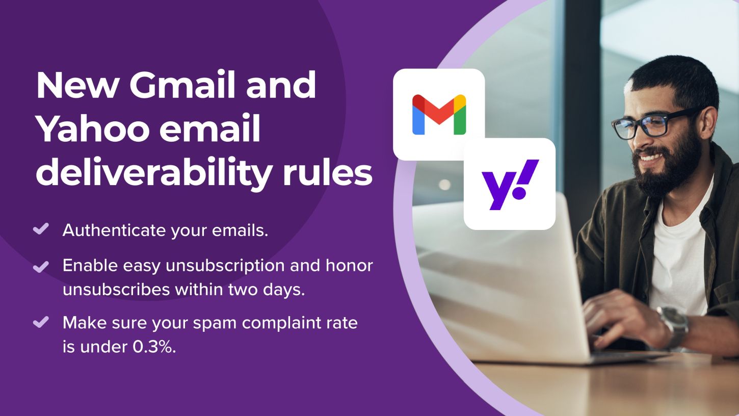 young man at computer learning about email compliance with google and yahoo sending rules on dark purple background