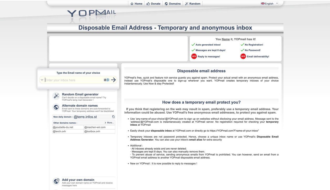 Screenshot of YOPMail temporary email provider shows light gray dashboard and clean interface.