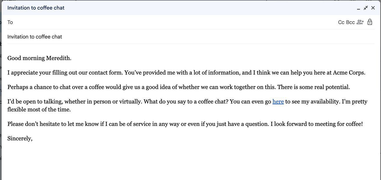 Screenshot of an email response to a contact form in which sender asks to schedule a chat with coffee in order to advance.