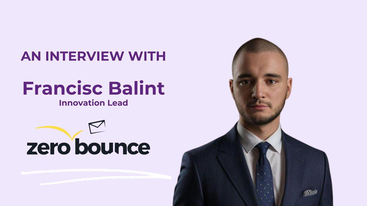 Innovation lead Francisc Balint is shown on a lavender background with the ZeroBounce logo.