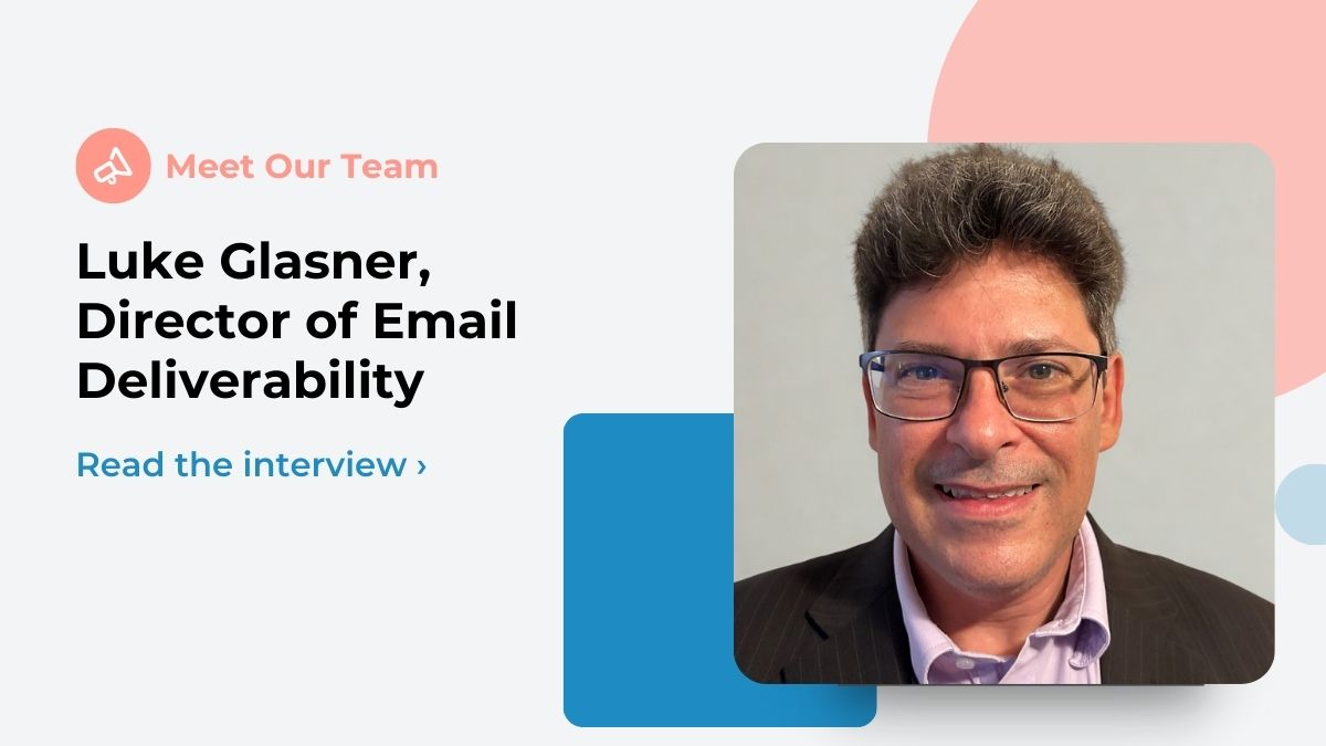 ZeroBounce email metrics and deliverability expert Luke Glasner is shown among pastel shape elements.