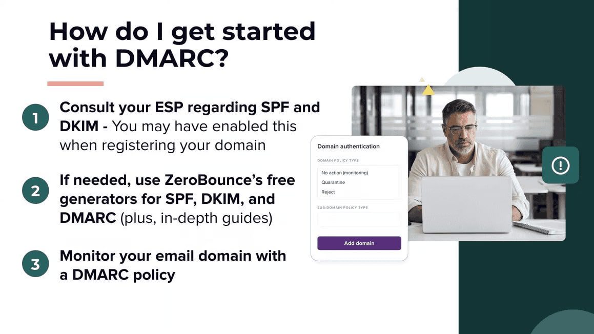 Bespectacled man sits at computer amidst shape elements showing how to get started with DMARC.