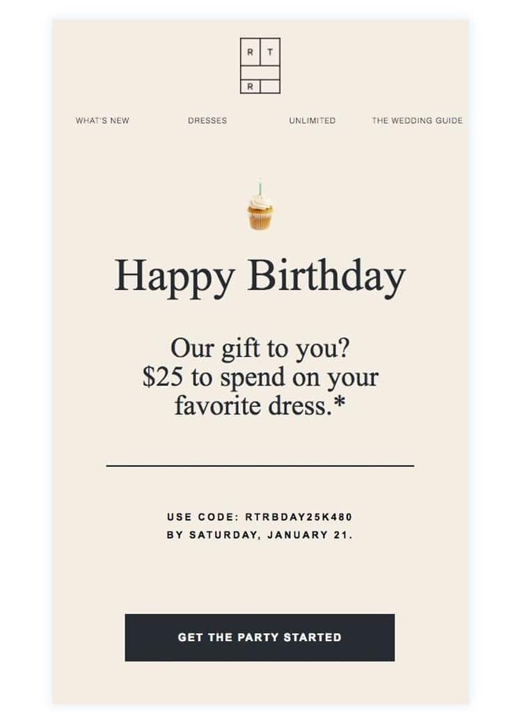 marketing tips example with Birthday offer of $25 to spend on their favorite dress. 