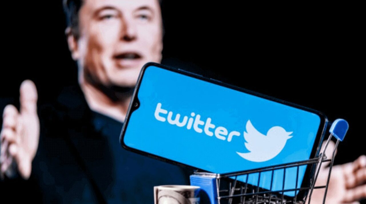 Image of entrepreneur Elon Musk and Twitter logo on a black background