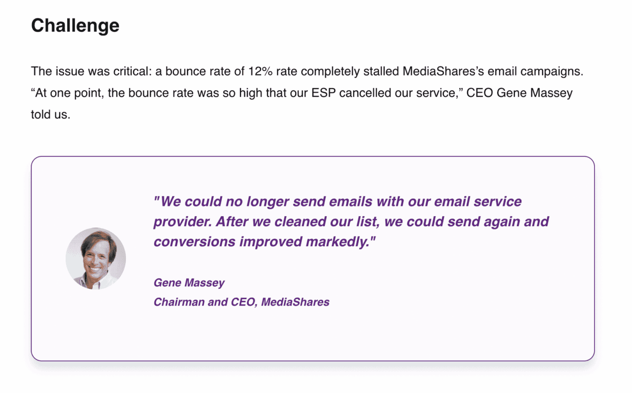 Screenshot from ZeroBounce website shows quote from MediaShare's CEO Gene Massey stressing how important it is to verify email addresses.