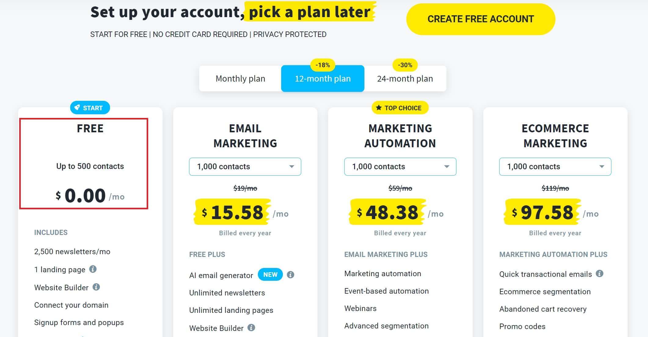 screenshot of email marketing platform get response showing pricing moderls for sending emails