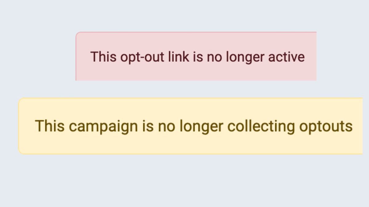 Screenshots of two different messages displayed after clicking unsubscribe to a popular news personality's email newsletter.