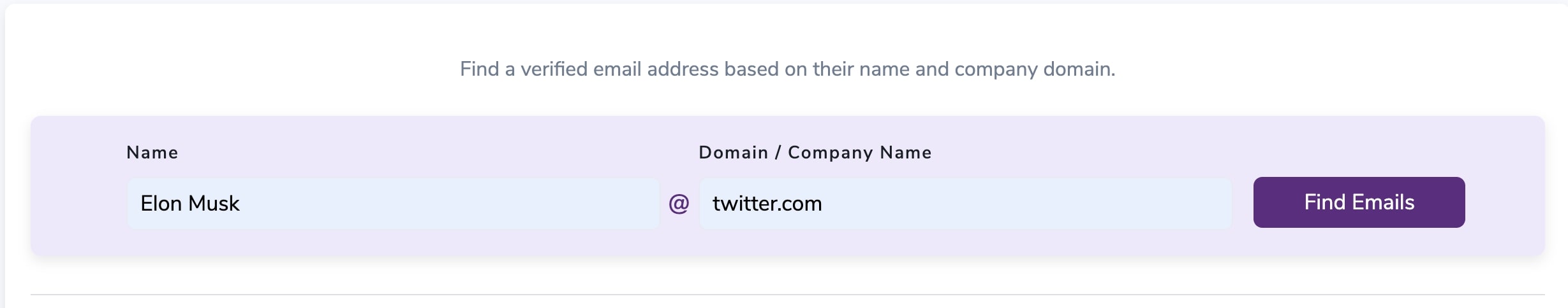 Screenshot of the two fields you need  to fill out in order to use the ZeroBounce Email Finder.