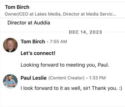 Screenshot of LinkedIn message where two people agree make a professional connection illustrating how to find a business owner email address